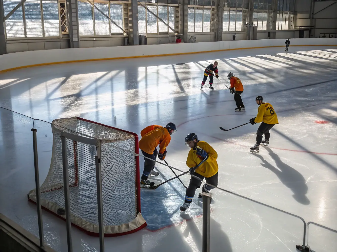 An action shot of intermediate players engaged in a fast-paced scrimmage, showcasing their improved skating, passing, and shooting abilities during a regular training session.