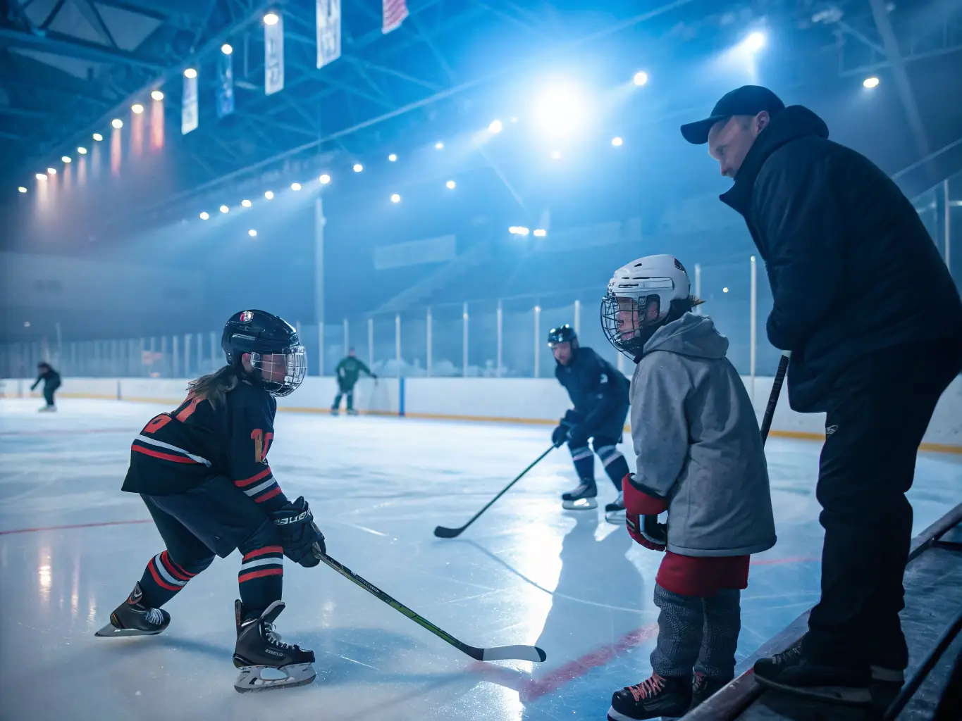 A dynamic image of young hockey players participating in a beginner's clinic, focusing on fundamental skating and puck-handling skills, set against the backdrop of a well-maintained ice rink.